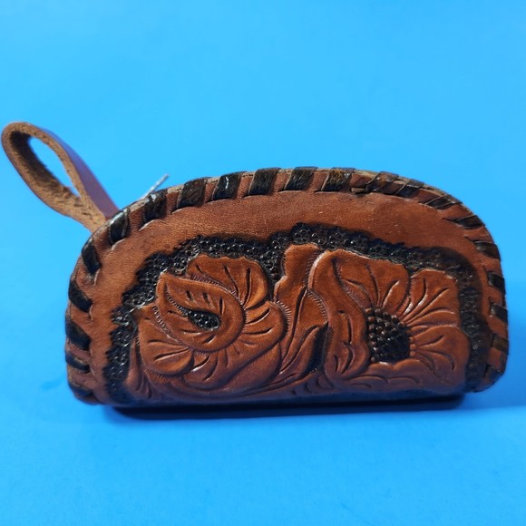 Handbags - Vintage Tooled Leather Coin Purse Southwest Floral Zippered 4.5 in. Long